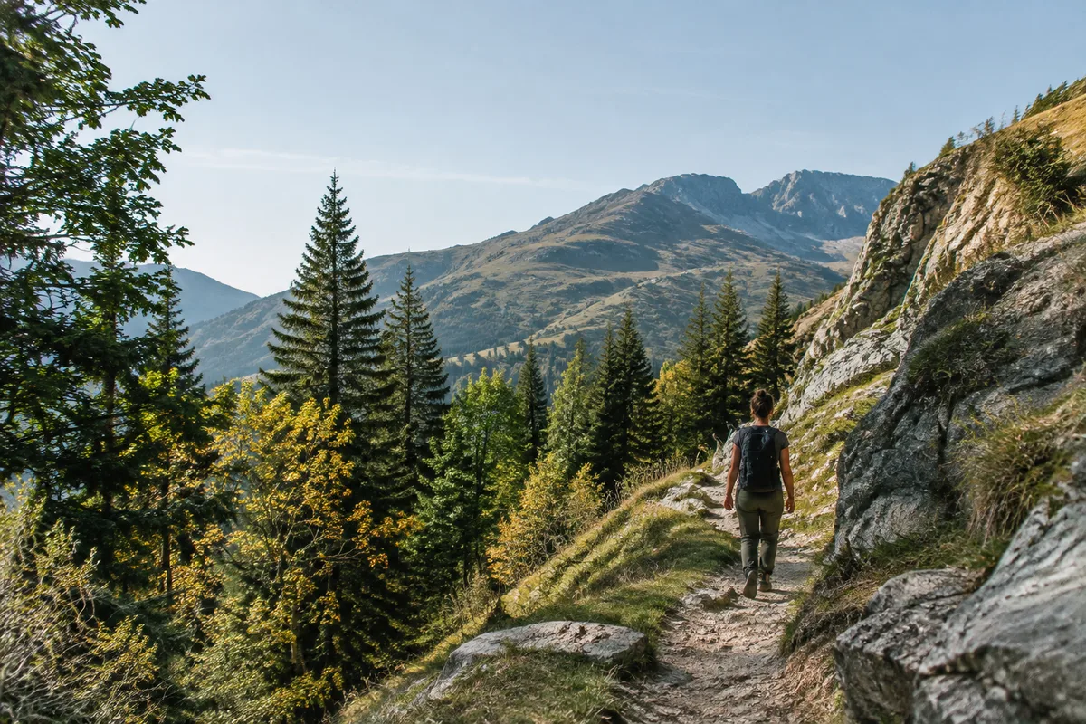 Randonneur sur un sentier de montagne français entre forêt et relief rocheux